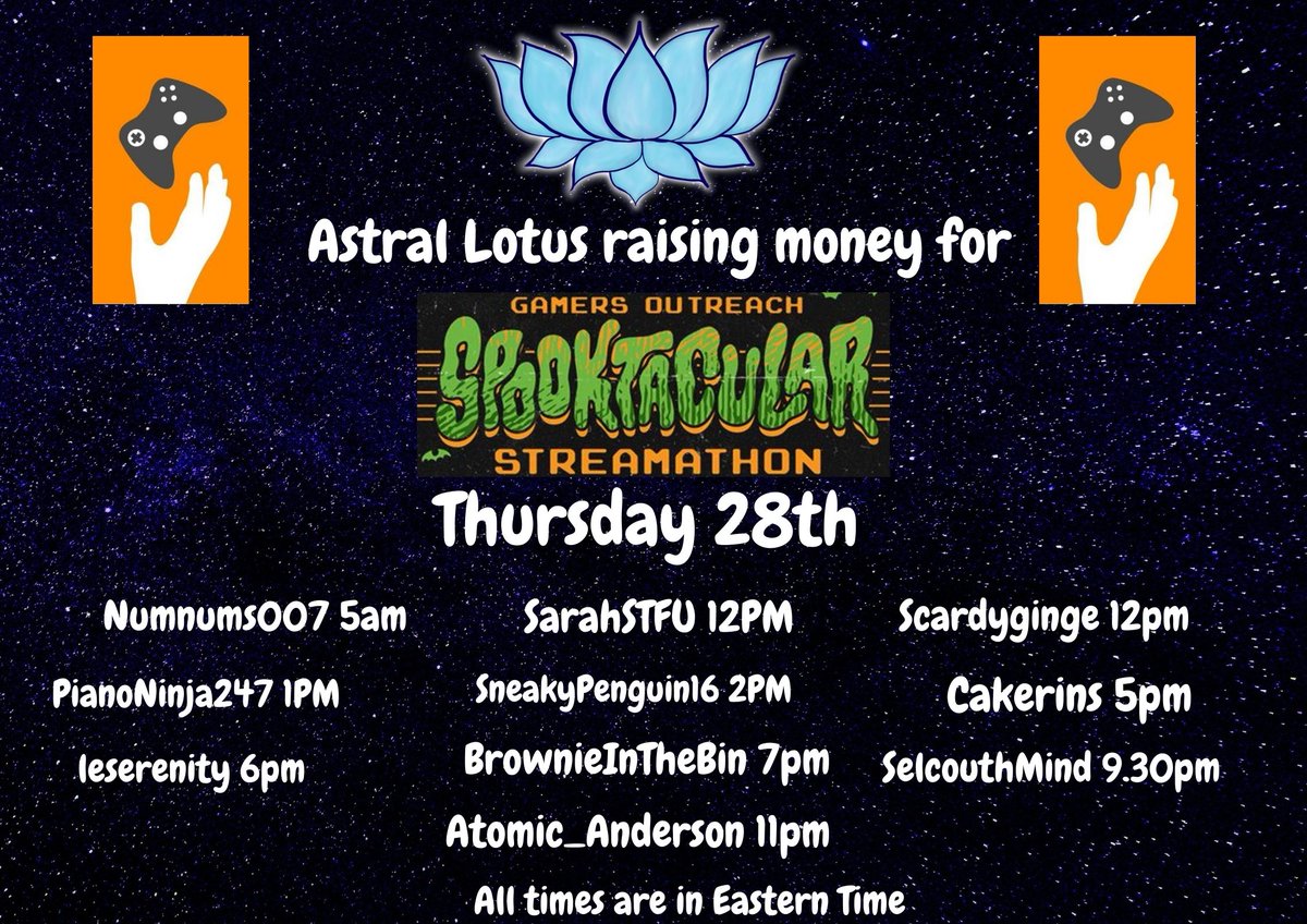 lotus_astral's tweet image. Here is todays line up for @GamersOutreach! Make sure to go check them out to see what amazing stuff they have planned!
@_NikkiNak_ 
@heysarahstfu 
@scardyginge 
@pianoninja247 
@penguin_sneaky 
@BrownieInTheBin 
@theselcouthmind 
@AtomicAnderson 
Lets Do This!
