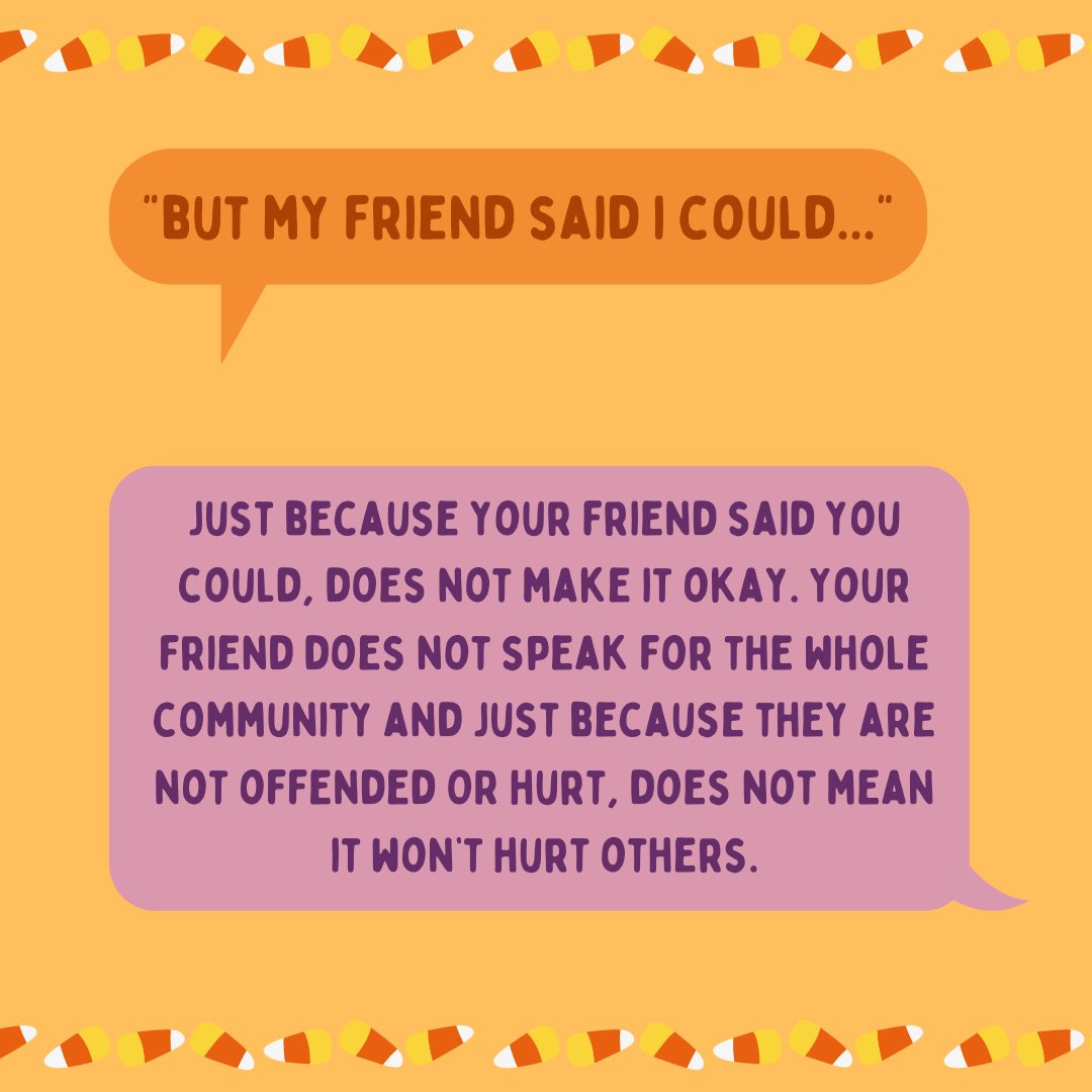 BrockSJC's tweet photo. Ever heard “It’s just a costume..” “But it’s just a joke..” “My friend said I could..”?
 
Swipe —> to learn some ways you can respond when someone is partaking in cultural appropriation. https://t.co/WCRKjYkHfE