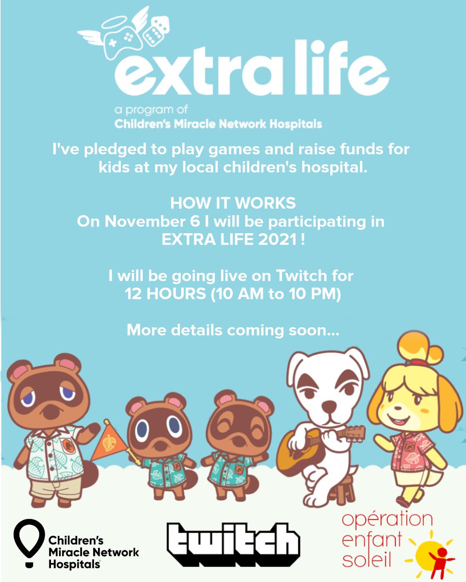 ericaplays_'s tweet photo. EXCITING ANNOUNCEMENT:

I will be participating in #ExtraLife this year!

What? I've pledged to play games and raise funds for kids at my local children's hospital: @EnfantSoleil 

When? November 6, 2021 for 12 hours (10 AM - 10 PM)

[1/2] https://t.co/dDaagyB3yd