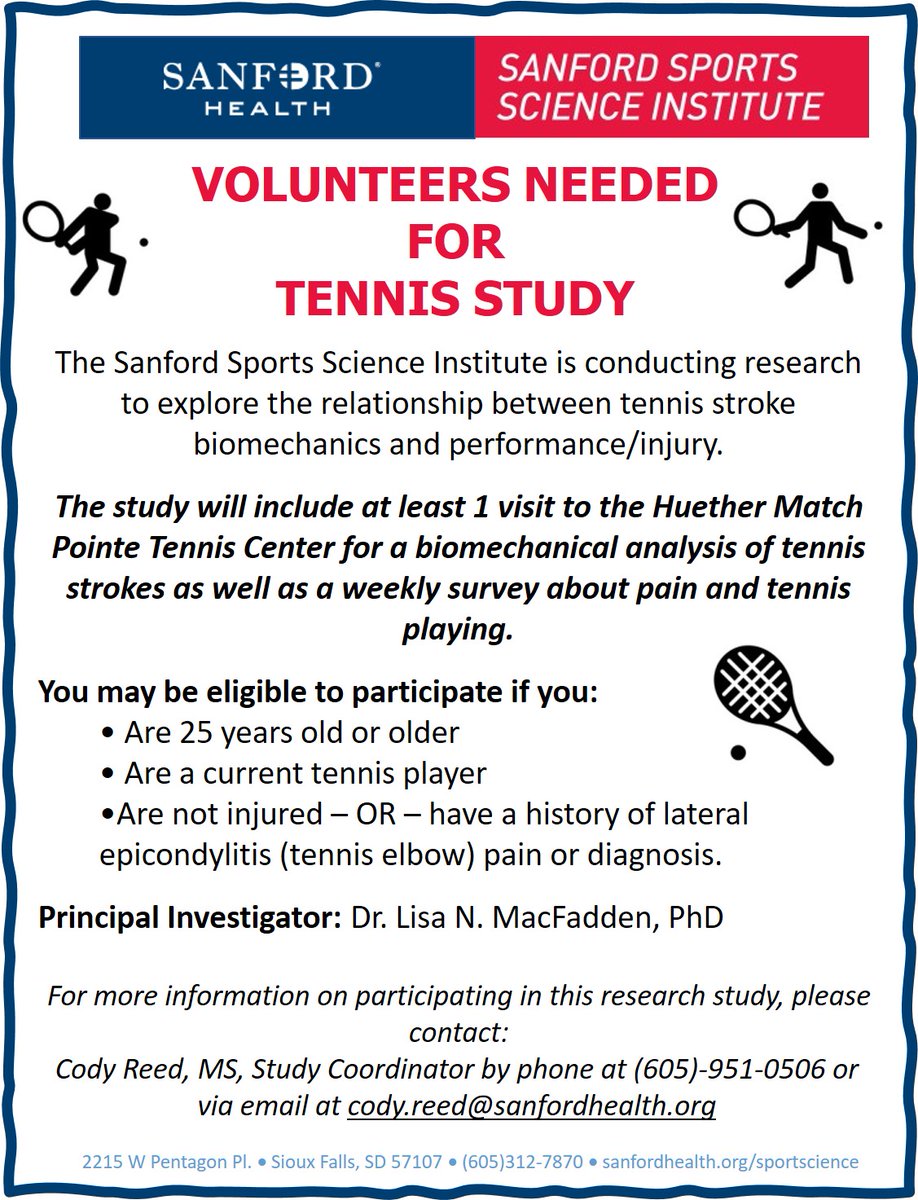 SanfordSportSci's tweet photo. We are currently recruiting subjects for a study exploring the relationship between tennis stroke biomechanics and performance injury in Sioux Falls. For more information about how to participate please see the image for more details. #SanfordSports https://t.co/SNg9aK89or