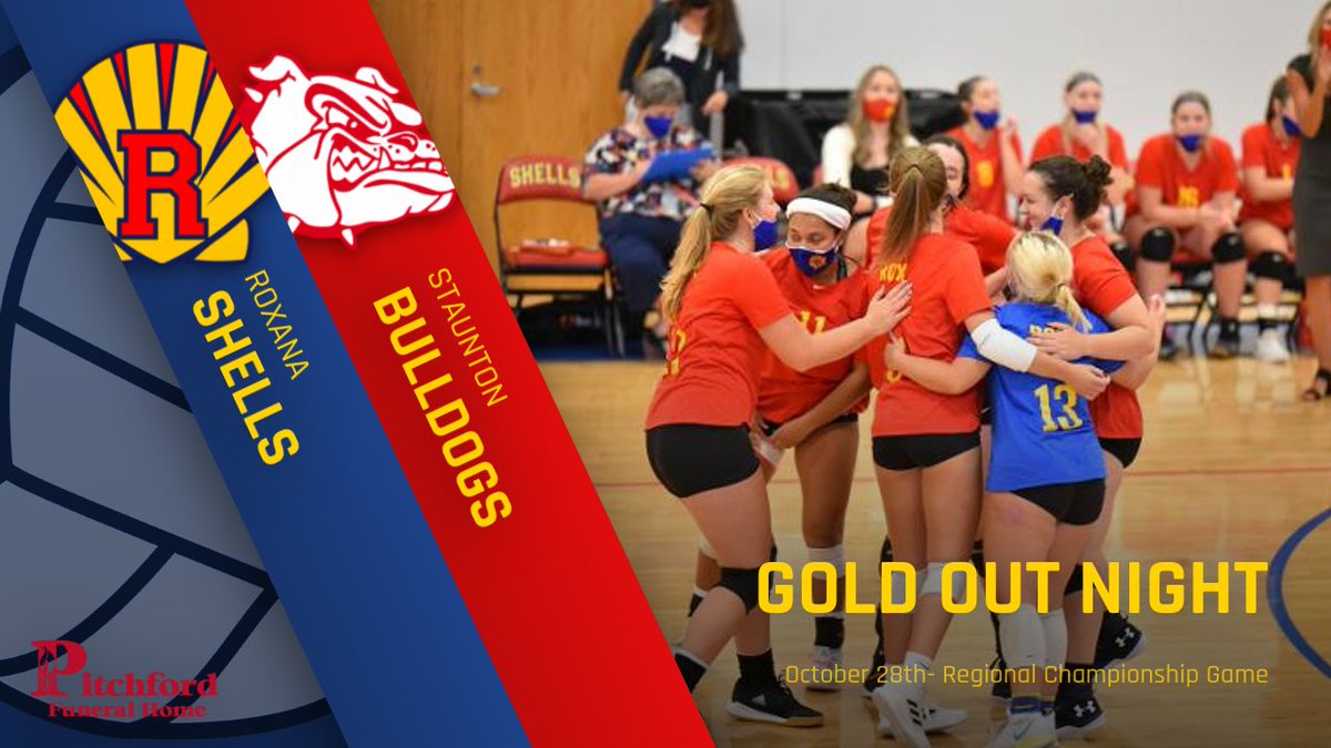 RoxanaAthletics's tweet photo. GOLD OUT GAME Tomorrow evening in Shell Country! Come support our volleyball team as they take on the Staunton Bulldogs in the regional championship game @ 6 PM The athletic department will be covering the admission for all Roxana students that wear GOLD to the game.
@RHS_Shells https://t.co/cPbvM0FyqO