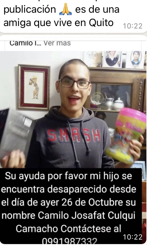 ShirlleyBorja's tweet photo. Por favor 🙏🏻 pedimos a la comunidad de twiter compartir esta publicación, en grupos y contactos, es un joven que está desaparecido,  Así como solicitamos  se desplieguen todos lo mecanismos de búsqueda a fin de encontrarlo. ⁦@PoliciaEcuador⁩  ⁦@MinGobiernoEc⁩ 🇪🇨 https://t.co/IyqpR8vzjs