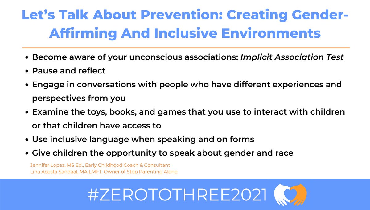 ZEROTOTHREE's tweet photo. How can we ensure that we provide a place to learn where children feel at home and valued? Excellent reminder to check our own #implicitbias, particularly when it comes to gender norms. #ZEROTOTHREE2021
Take the #ImplicitAssociationTest: https://t.co/vUFzdSxbf7 @parentingrelief https://t.co/hTrLRiwomy