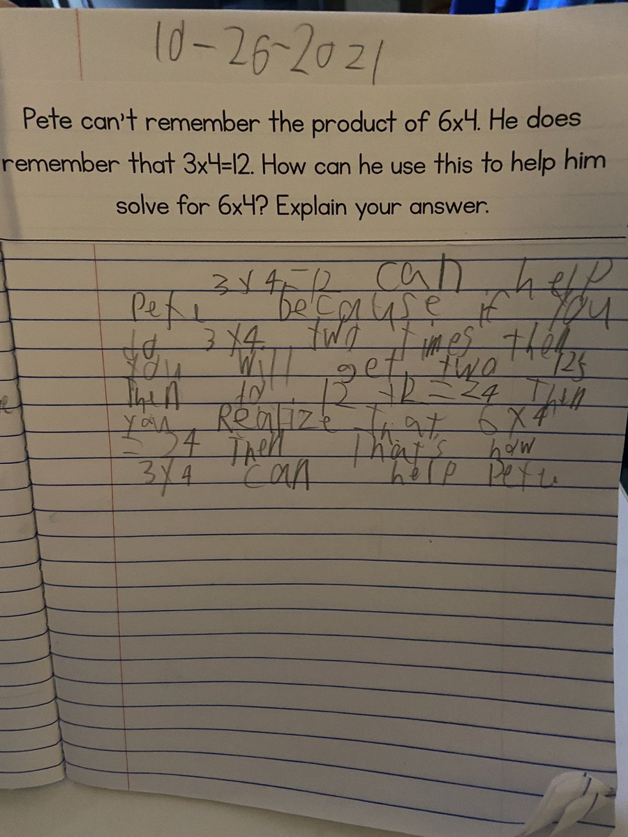 stacehinkle's tweet photo. More critical writing this week in 3rd grade! Students are getting more comfortable writing about math &amp; explaining why/how they know w/ words. It’s a great closing to a lesson &amp; lets me get a quick peak @ misconceptions to address the next day. #GrowingGreatness #CriticalWriting https://t.co/yeGAuDUkRA