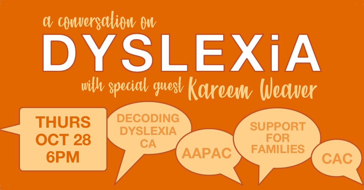 Please join the CAC, AAPAC &amp; Support for Families tomorrow for a conversation on Dyslexia with special guest Kareem Weaver!  Moderated by Megan Potente of Decoding Dyslexia CA. Additional info &amp; registration on our website. 
sites.google.com/view/cacspedsf…