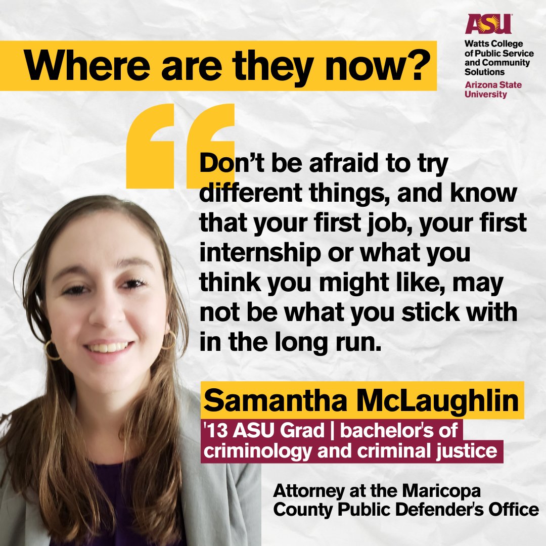asupublicsvc's tweet photo. #OutstandingGrad Samantha McLaughlin graduated from @ASU with a bachelor's of criminology and criminal justice in 2013. She is currently an attorney at the @maricopacounty Public Defender's office. More: https://t.co/obUC0ZqABV https://t.co/y6Op5cMFdU