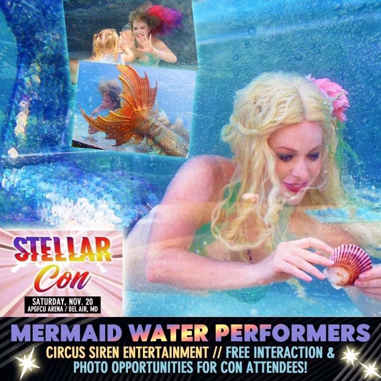 🧜🏽‍♀️ MERMAIDS! 🧜🏼 come see the wonderful mermaids from #circussirenentertainment be a part of our world. They’ll also have keeper Pearl jewelry for sale and crack clams for pearls! 
Tickets here: 
eventbrite.com/e/stellar-con-…
#transcendentevents
#youbelonghere