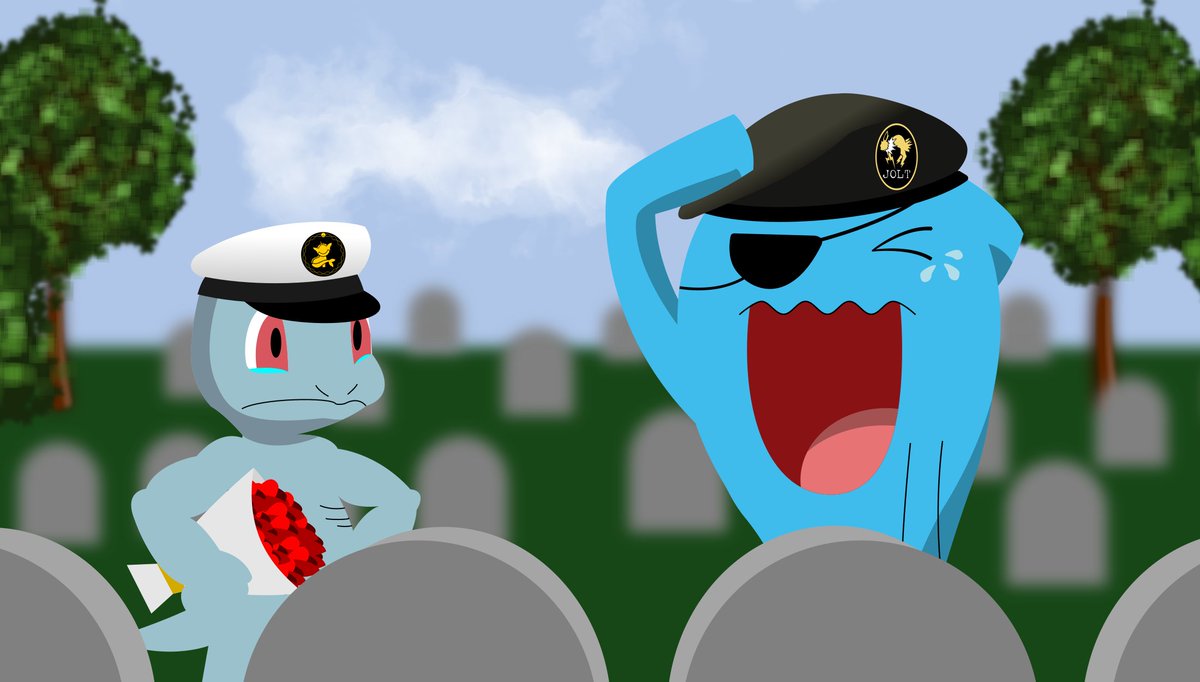TheWildOm's tweet photo. @barryharryy @SquidGaming Duli and the Captain paying respects to their fallen comrades. Inspired by your joke that duli looked like he was saluting the dead pokemon, which reminded me of MGS3. #nuzlite https://t.co/hcu7jtiKq1