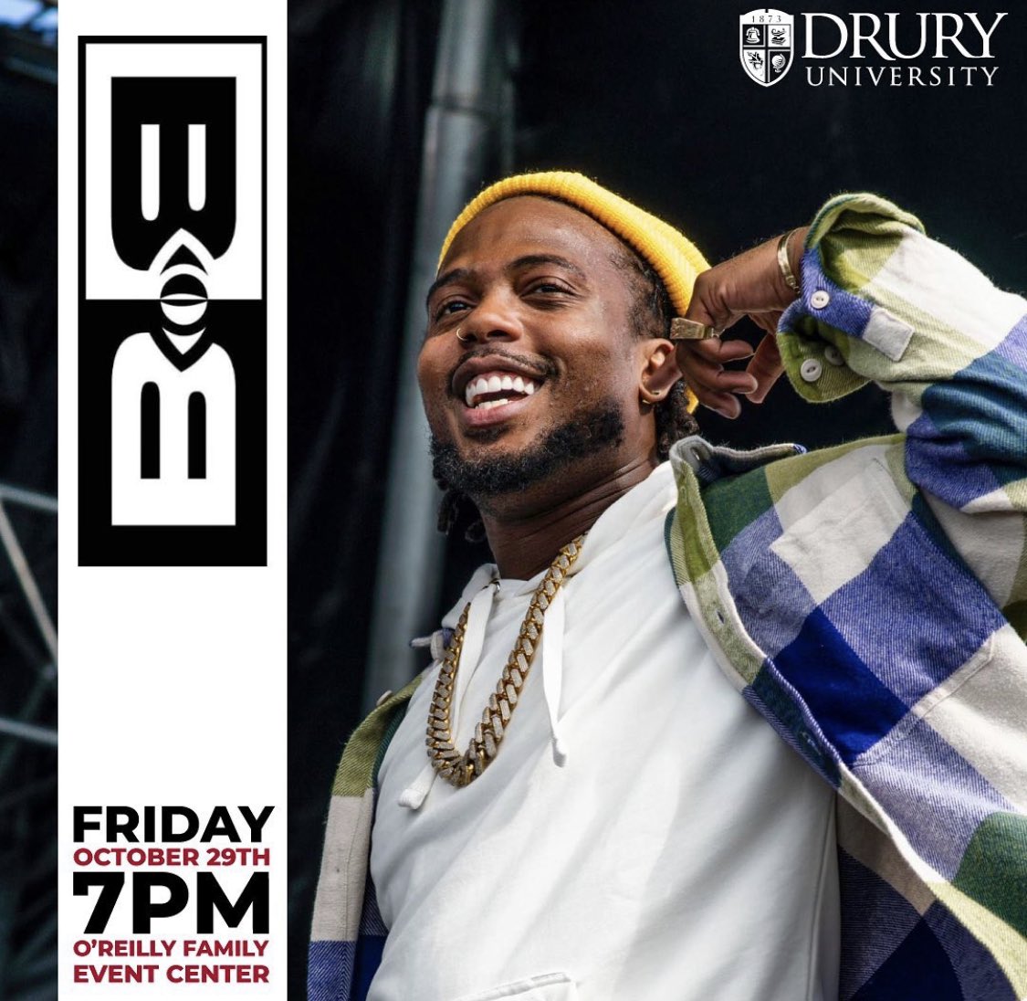 OReilly_Center's tweet photo. Hip-hop recording artist B.o.B will perform at Drury University’s O’Reilly Family Event Center at 7 p.m., Friday, Oct. 29. This takes the place of the previously scheduled performance by blackbear, who cancelled his performance due to illness. https://t.co/xvidvO5wbX