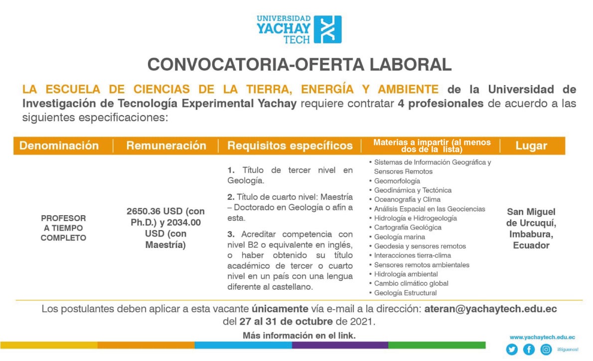#Convocatoria| 🛑 ¿Quieres trabajar en la UITEY? Ven y forma parte de Yachay Tech, ¡Conoce los requisitos en el siguiente link y envia la información hasta el 31 de octubre! ⬇️
yachaytech.edu.ec/unete-yachay-t…

#SomosYachayTech 👨‍🏫📕📒