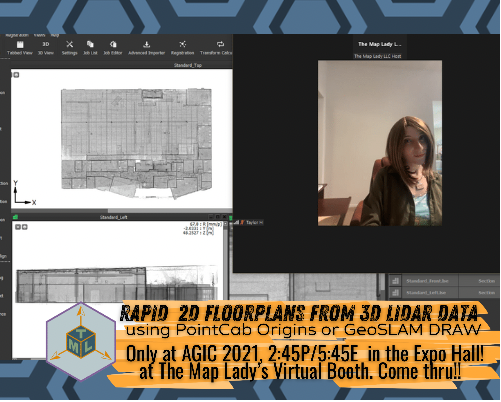 TheMapLady1's tweet photo. #AGIC2021 Drop by @TheMapLady1's booth at 2:45 for a 10 minute demo of how to make a 2d floor plan from a 3d #pointcloud or #LiDAR scan in MINUTES using #PointCab Origins or #GeoSLAM DRAW! https://t.co/fM9UB8nyBN