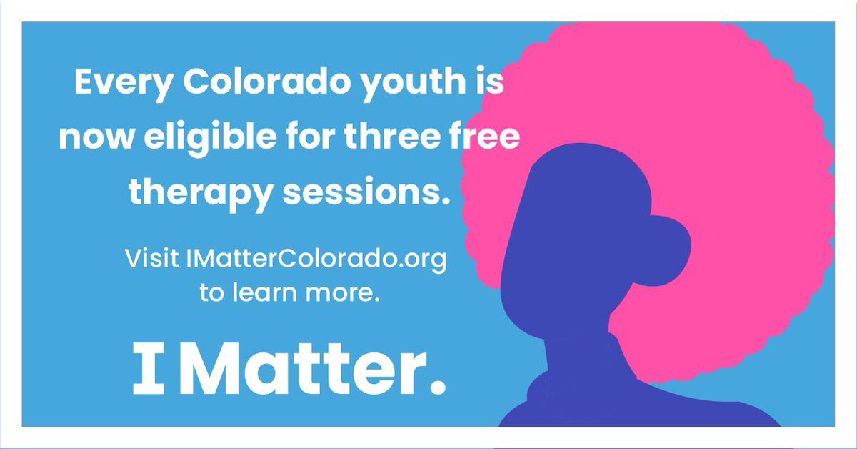 Starting today, young people in Colorado can access mental health screenings and get connected with a mental health professional at no cost. #FREE 

Visit IMatterColorado.org to learn more.

#COLeg #COPolitics #IMatter