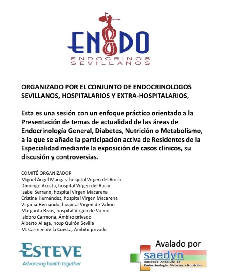EndocrinoHUVR's tweet photo. Apunta ✍️

Próximo 11 de Noviembre
🕒 18:00H

XVIII Jornadas Endocrinológicas Sevillanas “RICARDO ASTORGA”

Temas de actualidad #Endocrinología #Diabetes #Nutrición

#Sevilla
#Endohuvr
@mangascruz @VirBellido @AnaEndocrino

@endo_mac @reyes_rave @beatrizgonz86
@SAEDYN_ https://t.co/1J130EcqPS