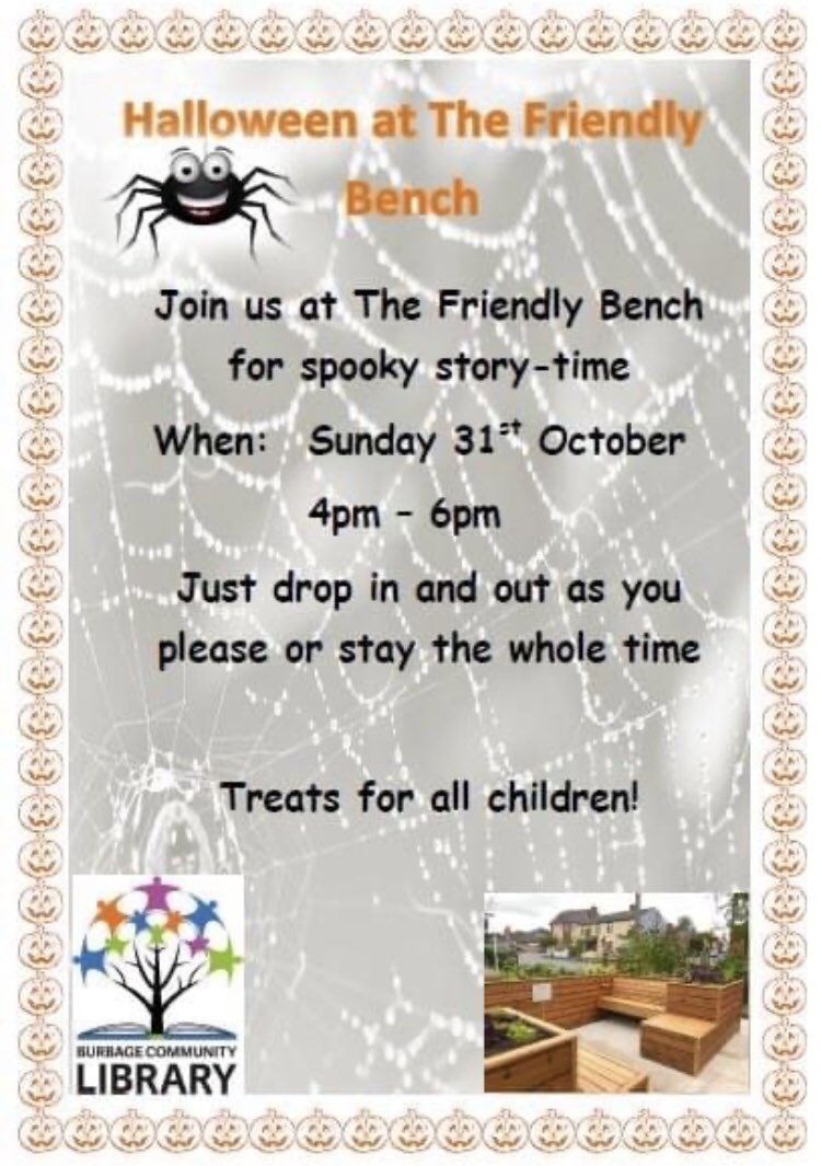 bclibrary1's tweet photo. Our #FriendlyBench is all dressed up and ready for spooky story time on #Halloween 4 - 6pm. https://t.co/1XhNWT1SzP