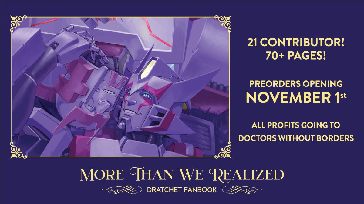 dratchetfanbook's tweet photo. Hello everyone and welcome back! The revamped #Dratchet Fanbook previously known as "Without Love" is here to impress✨✨

Coming to a BigCartel shop near you November 1st!! Keep an 👁 on this space for announcements, previews and more!🚑💗⚔

#MTMTE #Transformers https://t.co/W9TyejOeR5