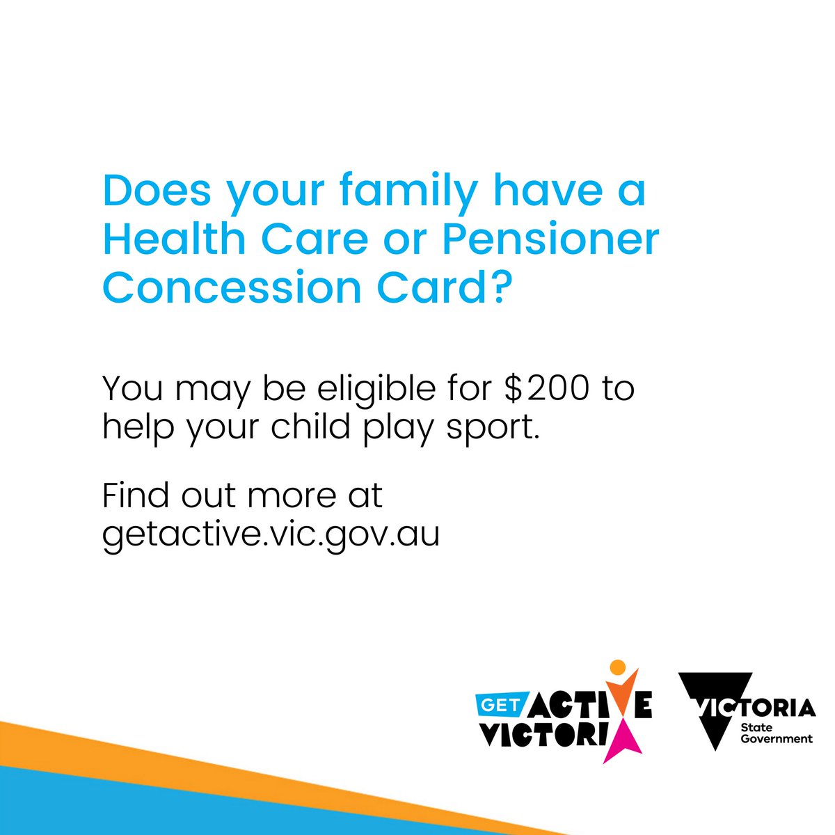 VicGovDE's tweet photo. Round 3 of the Get Active Kids Voucher Program is now open and closes on 30 November! 🏃 ⚽ 🎾

Visit https://t.co/JxlQwQT821 to find out if you are eligible for up to $200 to support your child’s sport and active recreation activities. https://t.co/Vbi70SVmV5
