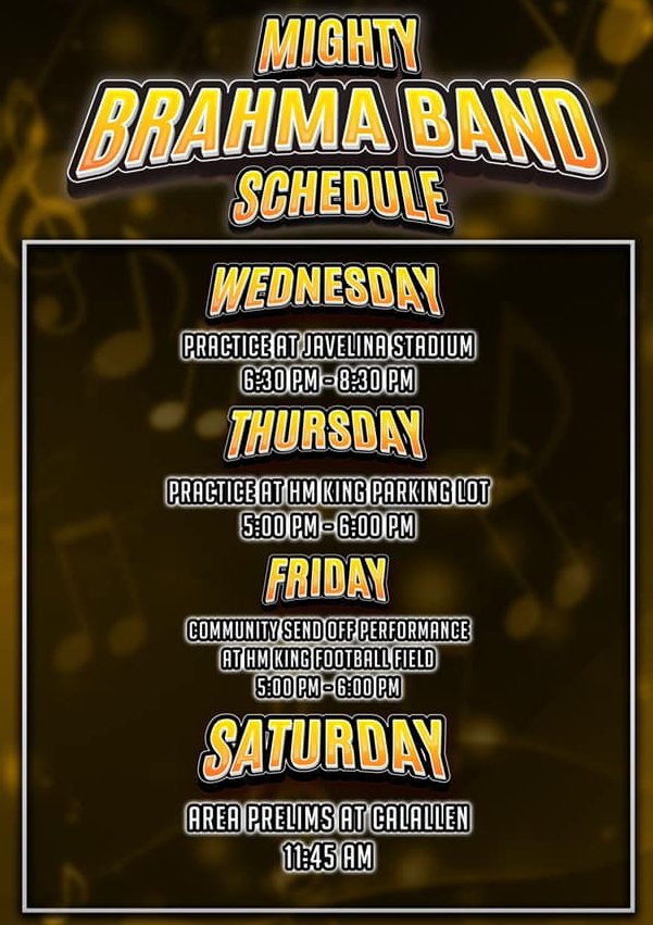 GoMightyBrahmas's tweet photo. Best wishes to our #MightyBrahma  #MarchingBand! Come out and support our students this Friday on our send off performance in preparation for Area Contest! 🤘🏼🌟🎸🎼🥁🎷🎺 #KISDUnited #TogetherAgain #StrongerTogether #SafelyLearningTogether @PerezCissy https://t.co/AkaZAKG8m5