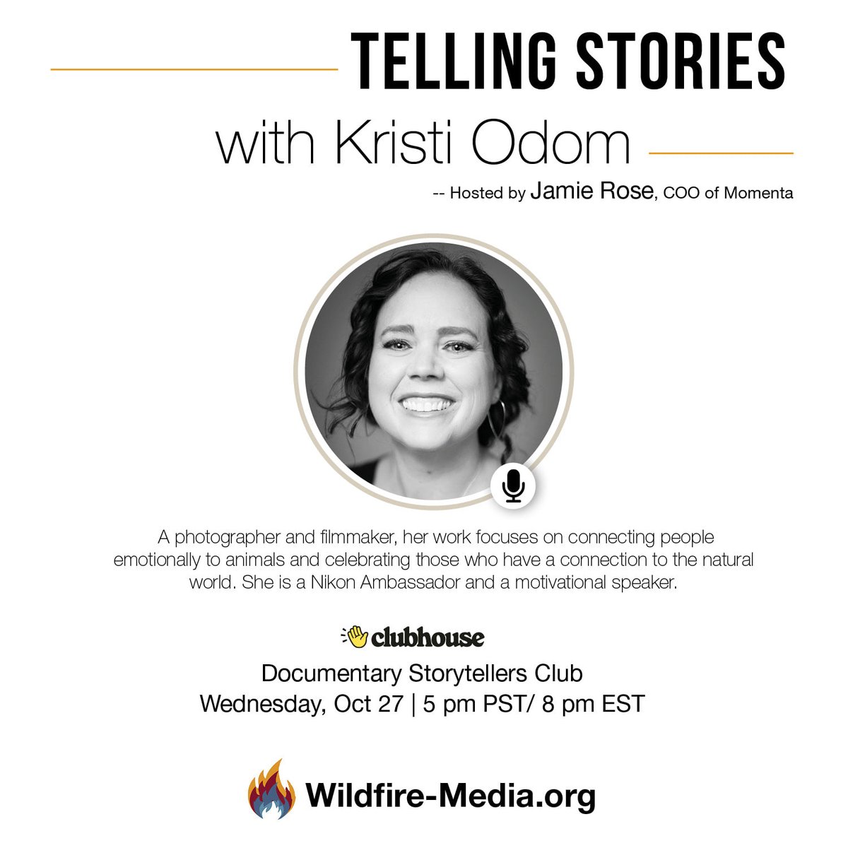 Join us tonight on @Clubhouse for a fantastic conversation with host Jamie Rose and @NikonUSA  ambassador @KristiOdomPhoto.

Time: 5 p.m. PST / 8 p.m. EST.

#DocumentaryStorytellers #momentafamily #photojournalism #nikonphotography @jamie_thanks