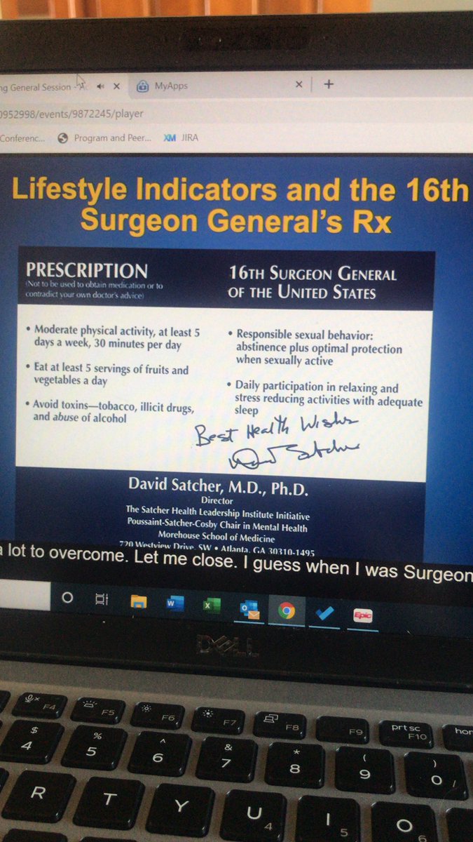 Emkdinger's tweet photo. A great prescription! I gotta work more on that stress reducing part 😬 great talk from Dr. Satcher #APHA2021 #APHAplay https://t.co/q3cYxNcDSc