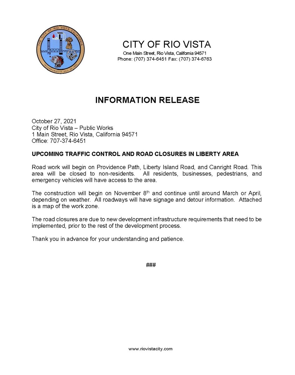 Road work will begin on Providence Path, Liberty Island Road, and Canright Road. All residents, businesses, pedestrians, and emergency vehicles will have access to the area. Construction will begin on November 8th, 
continue until around March or April, depending on weather.