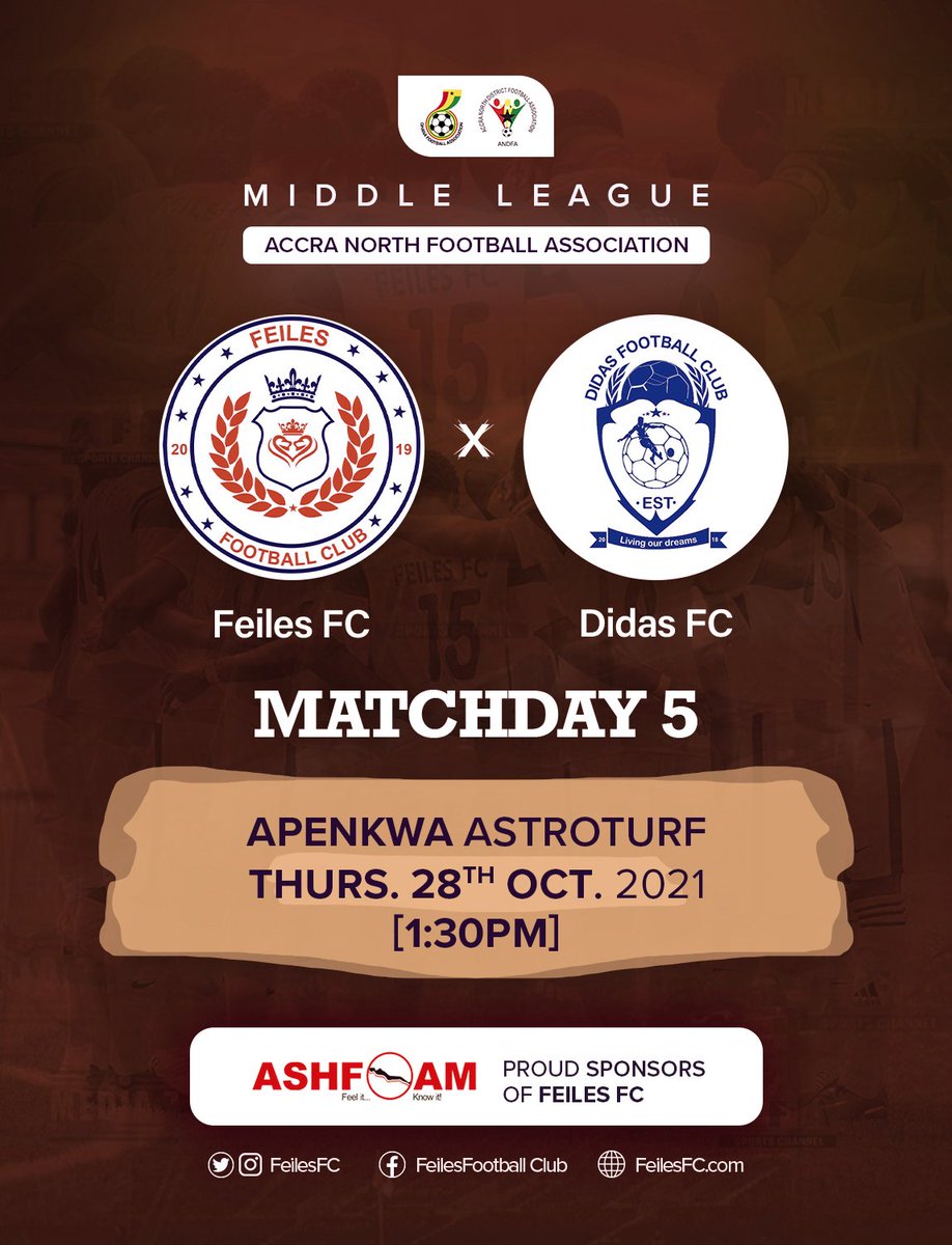 feilesfc's tweet photo. Join Us At 11am TOMORROW For Our Middle League Match Against Didas FC at the Apenkwa AstroTurf.
@AshfoamGhana @ghanafaofficial @coachdormon @Emil_Abaloo @fred_okai
#football #ghana #soccer #accra #gfa #middleleague #agbenaa #ashfoam #ashfoamghana https://t.co/O0bmPALPyU