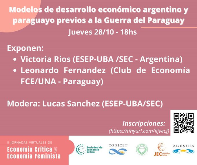 HEconomicas's tweet photo. Hola hola, nos extrañan? Quieren vernos? PODRÁN HACERLO. Este jueves 28 a las 18 hs nuestra compañera @maariaavictoria  va a exponer en las JEC/JEF, en una mesa sobre Argentina y Paraguay en el siglo XIX junto a los compañeros de @clubecouna https://t.co/KPHnN4cMjr