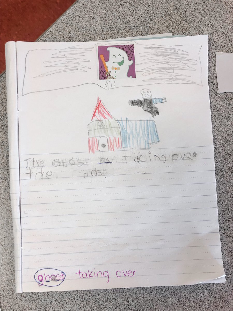 Ms_Maguire_'s tweet photo. Today in language, we did such an easy but fun activity! Every student received a Halloween themed sticker and then drew a background for their sticker. Then they wrote a sentence about their picture! Just another fun way to get them writing! 📝 #writing #grade1 https://t.co/MTAsZfZr30