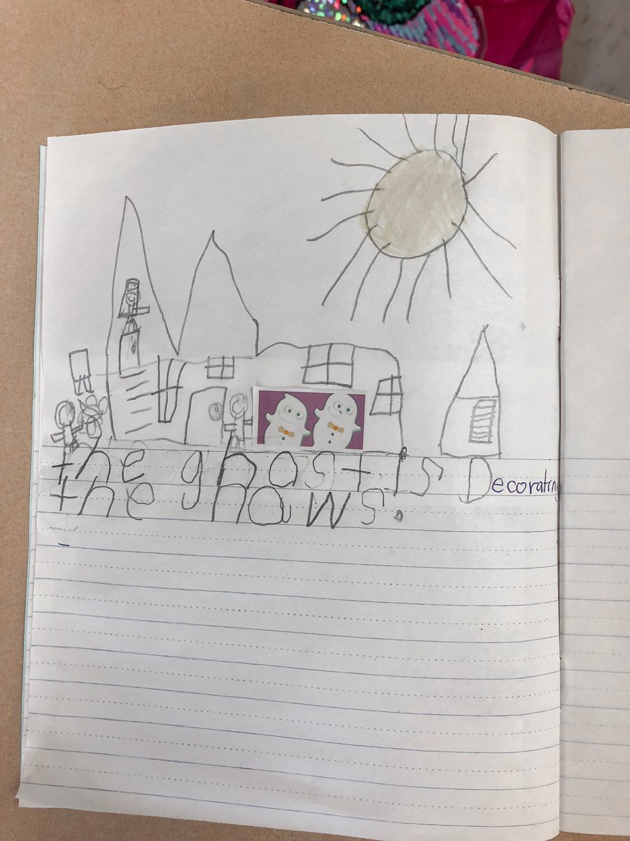 Ms_Maguire_'s tweet photo. Today in language, we did such an easy but fun activity! Every student received a Halloween themed sticker and then drew a background for their sticker. Then they wrote a sentence about their picture! Just another fun way to get them writing! 📝 #writing #grade1 https://t.co/MTAsZfZr30