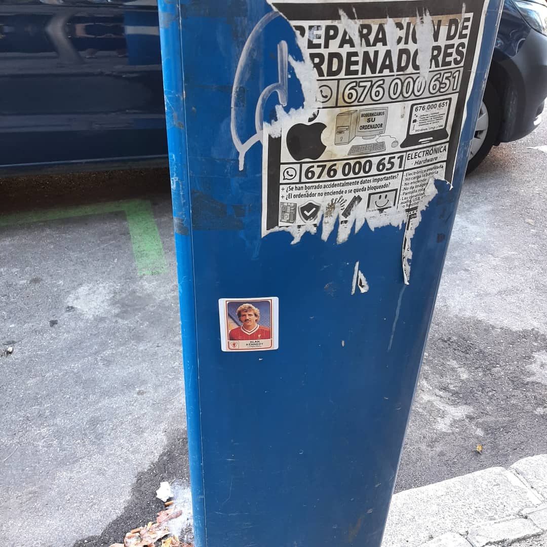 PhilRathbone01's tweet photo. Real Madrid v Osasuna at the Bernabeu &amp; some Panini stickers of Alan Kennedy stuck outside the ground 
#Paris81
#Barney https://t.co/A2SFI9eUC9