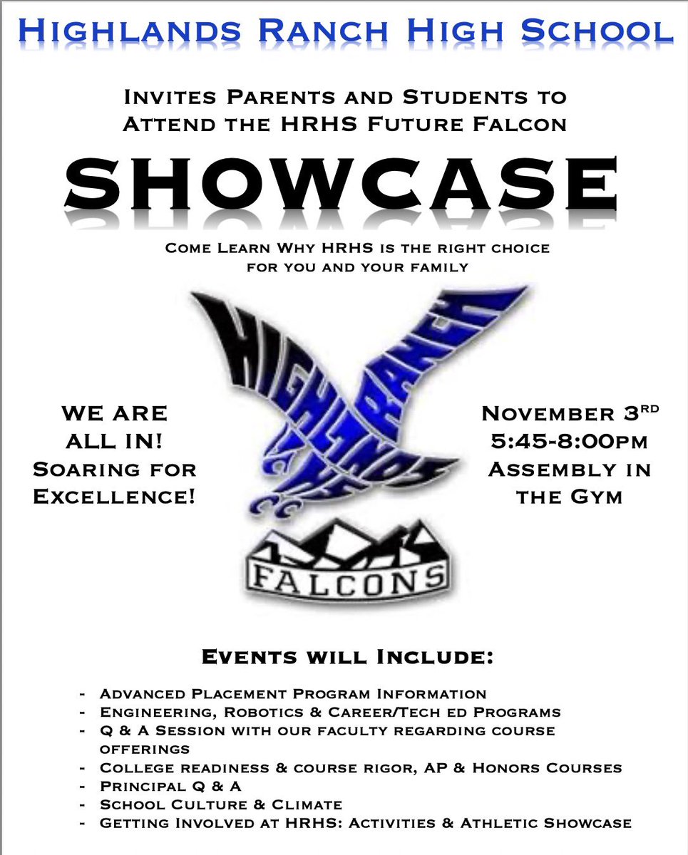 Hey Future Falcons(that means all 5-8th graders),come check out our Showcase &amp; learn about all of your opportunities at HRHS.We can’t wait to show you what it means to be Falcon Awesome <a href="/fce_school/">Fox Creek Elementary</a> <a href="/AcresGreenElem/">Acres Green Elementa</a> <a href="/CresthillMS/">CMS Cougars</a> <a href="/CougarRun1/">Cougar Run</a> <a href="/Lone_Tree_Elem/">Lone Tree Elementary</a> <a href="/eaglessoar101/">DougHumphreys</a> @HRHSPage