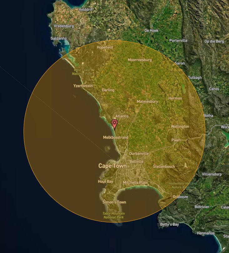 SwingtopSteve's tweet photo. Here's a what an 80 km radius around Koeberg looks like. https://t.co/NADWHMVvf8