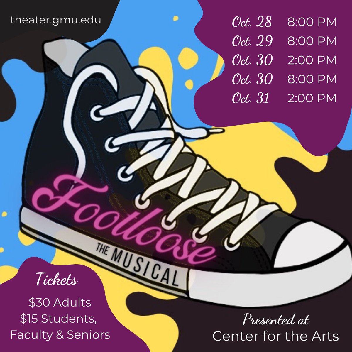 _Mason_Arts's tweet photo. Mason School of Theater’s “FOOTLOOSE: The Musical” opens today! Return to live performance with this toe-tapping concert presentation!

"FOOTLOOSE" performances run until October 31 in the @GMU_CFA Concert Hall. Get tickets now! >> https://t.co/0s5VWjmlpc

#cvpaprogram #Footloose https://t.co/DiltGzeOx8