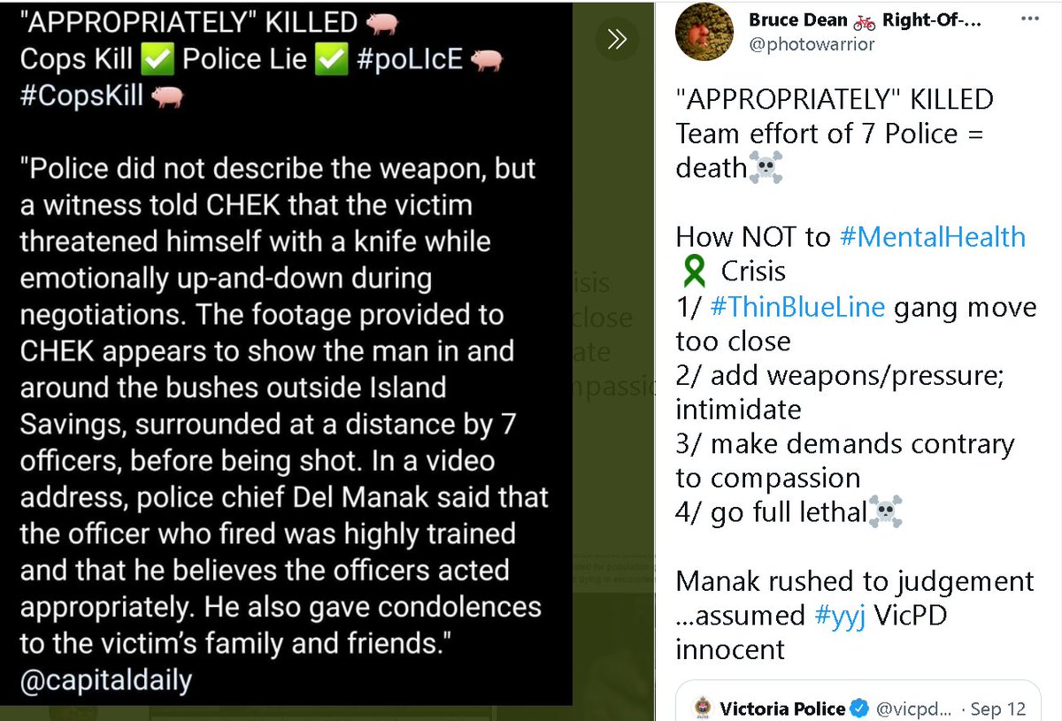photowarrior's tweet photo. @deardubow Police Harm #Mentalhealth 
It's unconscionable to suggest police presence during a person's mental health crisis. #PoliceKill 
#stigma #fear 
Police are the problem; they criminalize, escalate; thieve funds mental health &amp; addictions need.
#HarmReduction #NoCopsOnOutreach https://t.co/IVUD0jiK7l