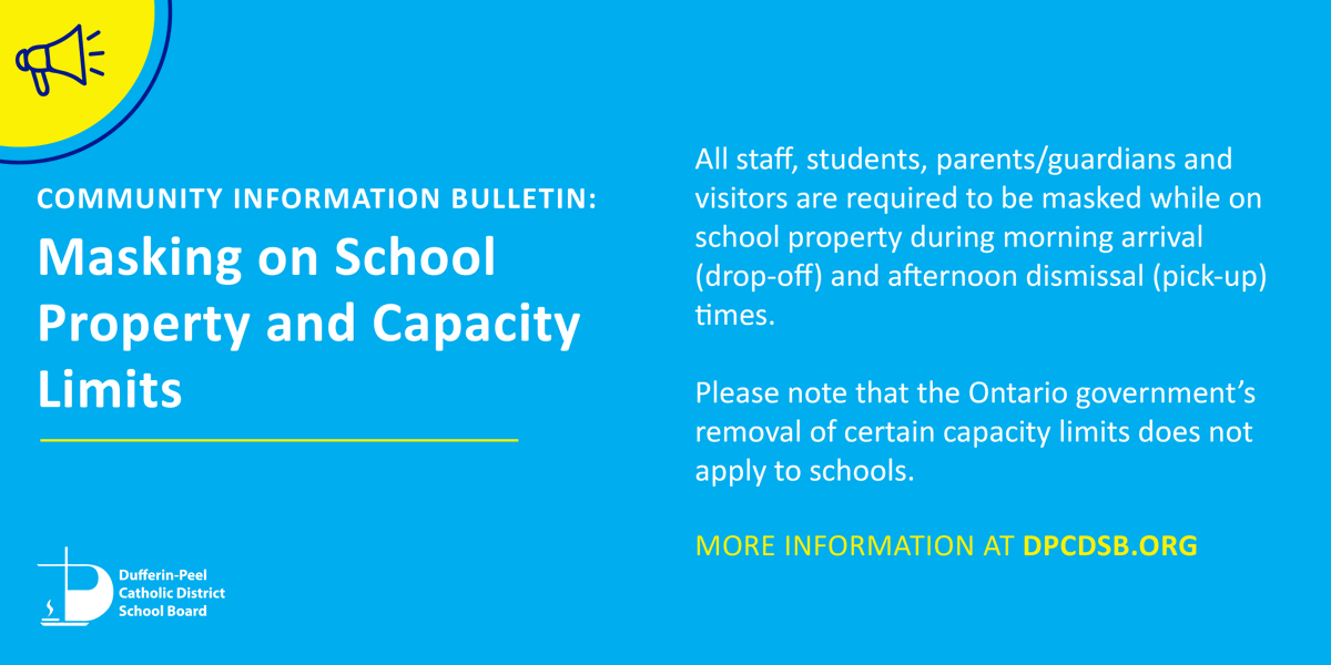📢 Based on discussions with local public health authorities,  all staff, students, parents/guardians and visitors are required to be masked while on DPCDSB school property during morning drop-off and afternoon pick-up times.

More information: ow.ly/Wl7250GzKrG