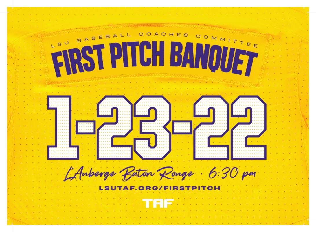 JamieHallLSU's tweet photo. Looking forward to the 2022 @LSUbaseball First Pitch Banquet! Space is limited, so reserve your spot today at https://t.co/qsrCaFX1fq!
#LSUFirstPitch https://t.co/LqjhxqX2EW