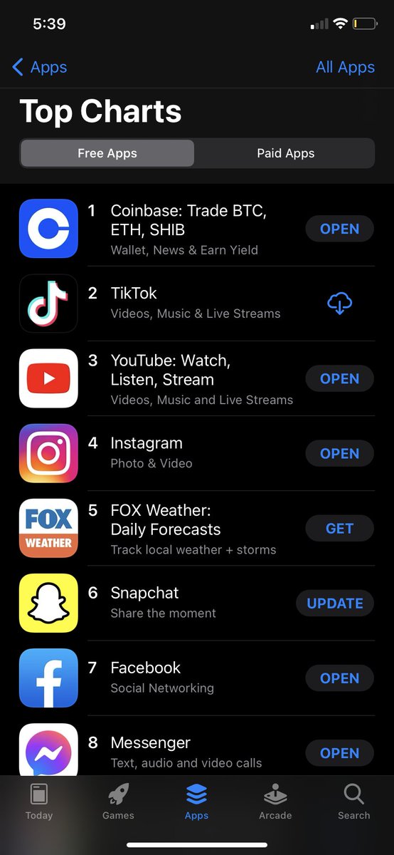 Blockworks's tweet photo. Coinbase is #1 on the App Store https://t.co/T5iqm5Uyus