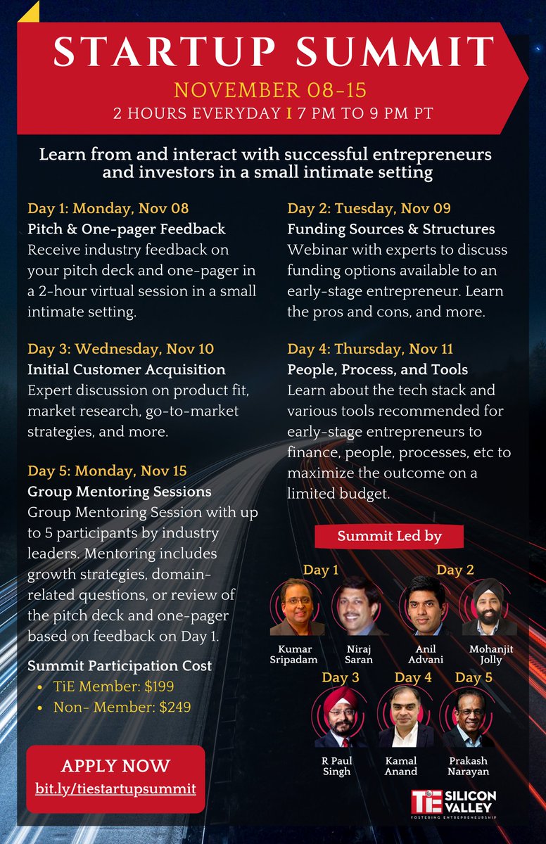 TiE Silicon Valley launches "Startup Summit Week" starting Nov 08-15, every day from 7 pm to 9 pm PT. An excellent opportunity for global startups to learn from and interact with successful entrepreneurs and investors in a small intimate setting. Apply Now bit.ly/tiestartupsumm…
