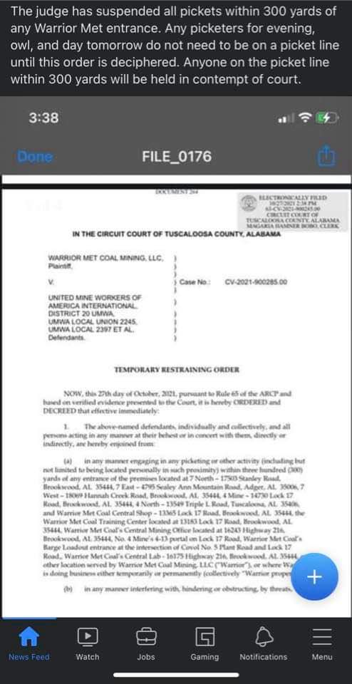JacobM_AL's tweet image. a striking miner in Alabama just posted that a judge has now forbidden ALL PICKETS in the warrior met coal strike - strikers are being told to get off the picket line by 5pm or they'll he arrested
