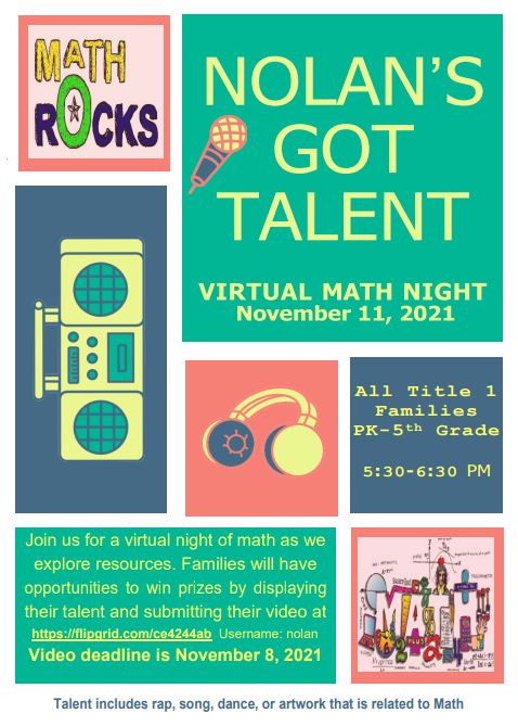 Calling Nolan families, staff, stakeholders, and community members!  Please join us for our Virtual Math Night on 11/11 @ 5:30pm.  Please encourage your scholar to submit a math talent entry!  See flyer for details. #WatchUsSoar @browndr1091 @Dardenmathmania @OutsidetheQuad