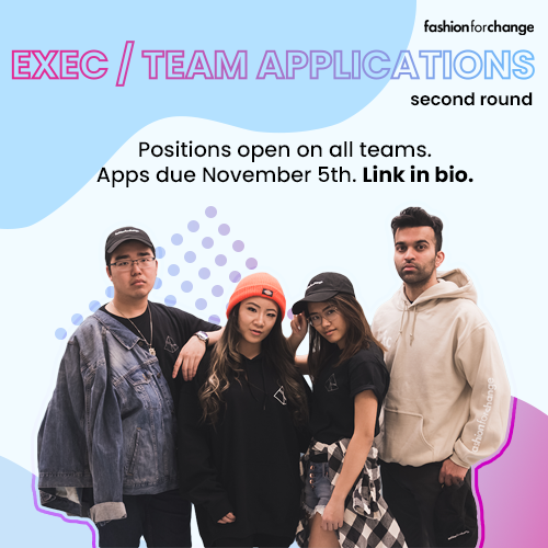 fshnforchange's tweet photo. Are you interested in joining Fashion for Change? Exec applications are now open, apply here: https://t.co/nEe7JlJqZi https://t.co/TFfRm4wDqp