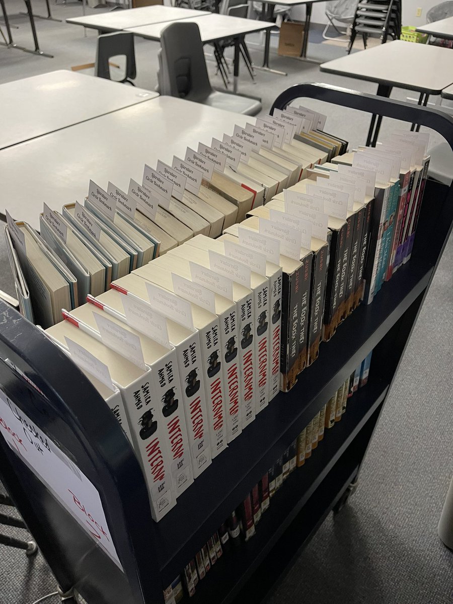 Kids got their Lit Circle books today, and man was this cart filled with diverse reads a beautiful sight. Thanks to <a href="/CenterGentry/">@gentry_media_center</a> for all their help! #GentryLeads