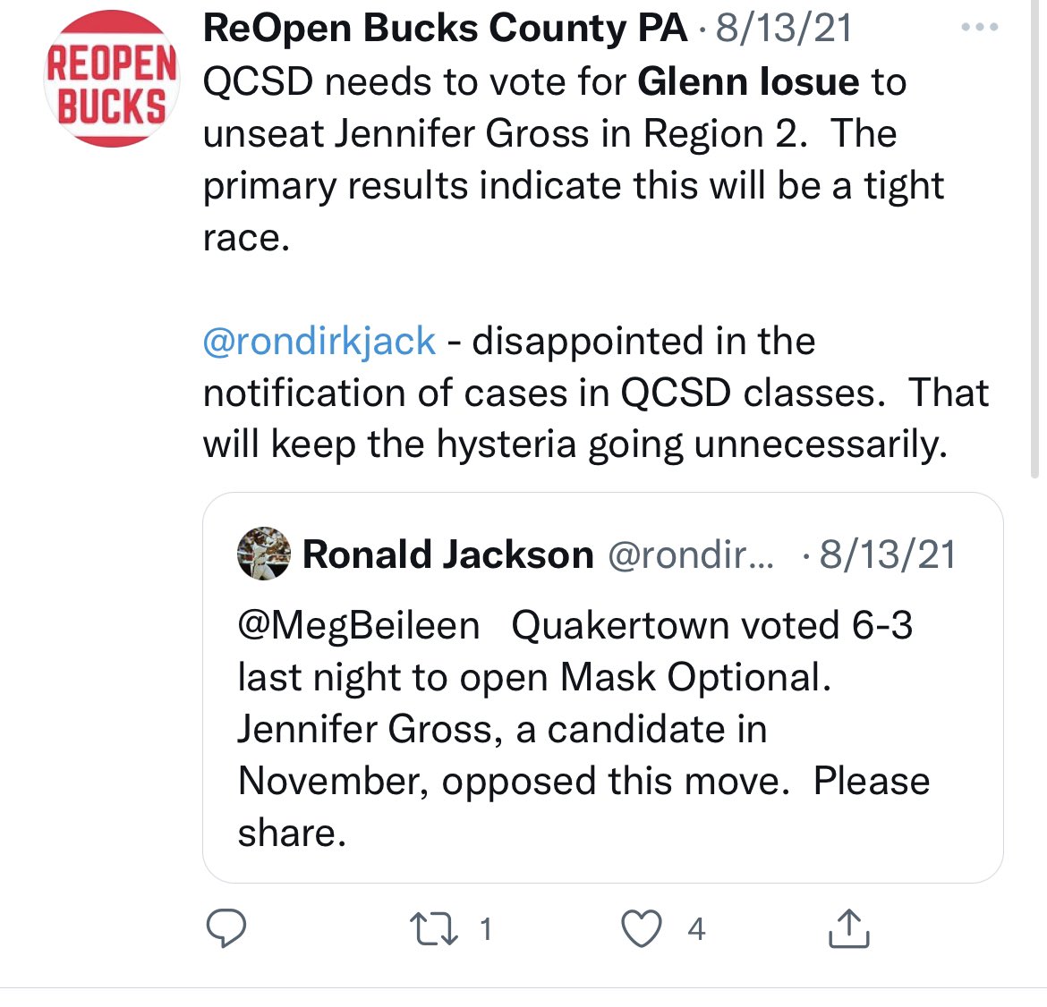 I wonder if Glenn Iosue agrees with ReOpen Bucks that parents shouldn’t be allowed to know when there is a COVID case in their kid’s class? <a href="/SilenceIsBad/">Silence Is Bad</a> <a href="/ExtremSBWatch/">Extremist School Board Watch - Pennsylvania</a> <a href="/QCSDBoardAntics/">QCSD School Board Antics</a>