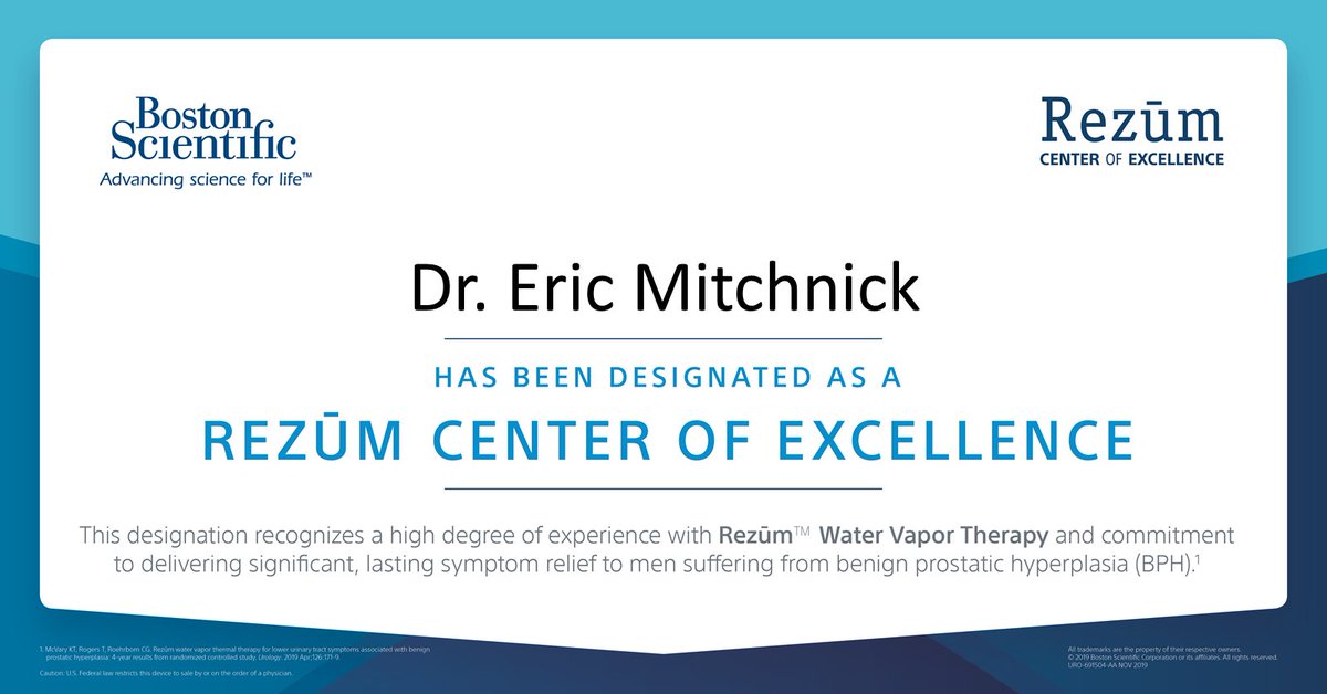 Another physician with accolades. Eric Mitchnick, MD, FACS, was designated as the first “Rezum Center of Excellence” on Long Island. Mitchnick was recognized for his commitment to relieving men’s symptoms of BPH. #BPH, #enlargedprostate, #RezumCenterofExcellence