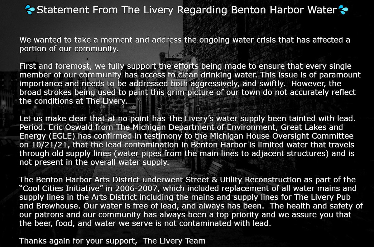 The Livery's Statement on Benton Harbor Water: