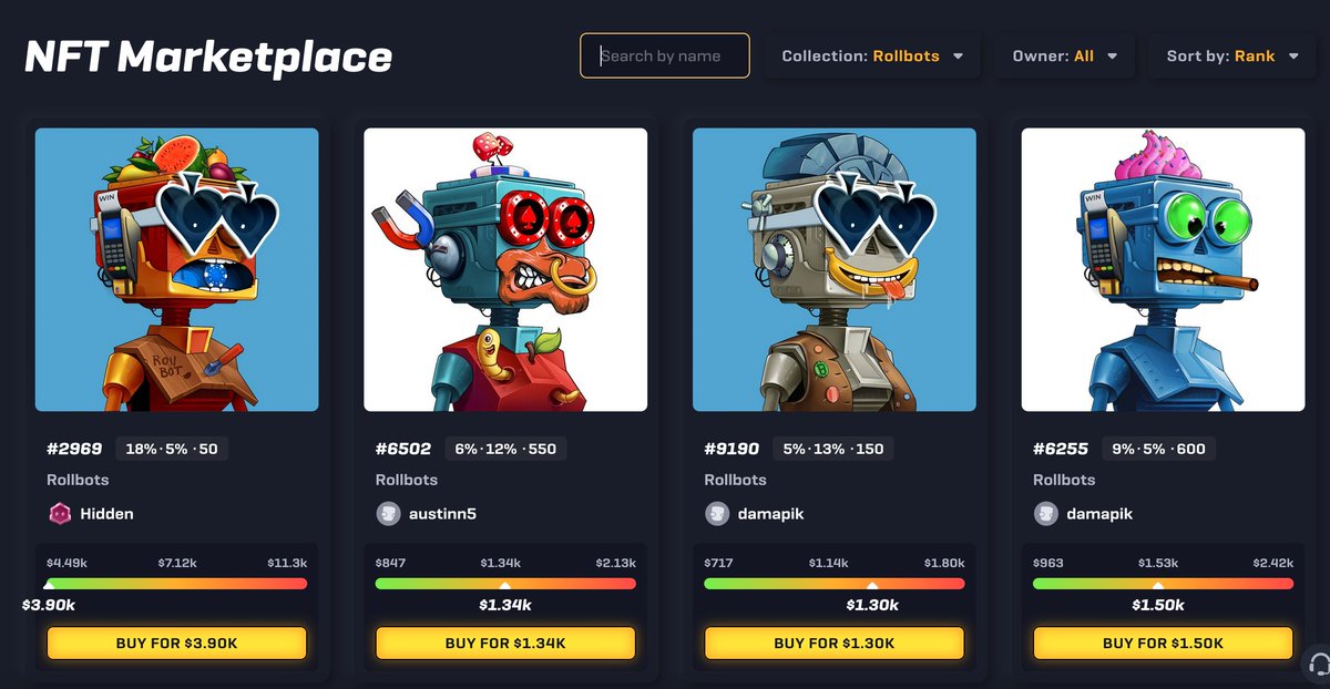 rollbit's tweet photo. 👀 The wait is over...

We've launched the Rollbit NFT marketplace! 

✅ No gas fees
✅ No fake collections
✅ User friendly
✅ 50% of profits go to the owners of staked Rollbots

https://t.co/z9pqQkd20B

RT + tag 2 of your favourite NFT influencers for a chance to win $1,000! https://t.co/2igeAdnCvP
