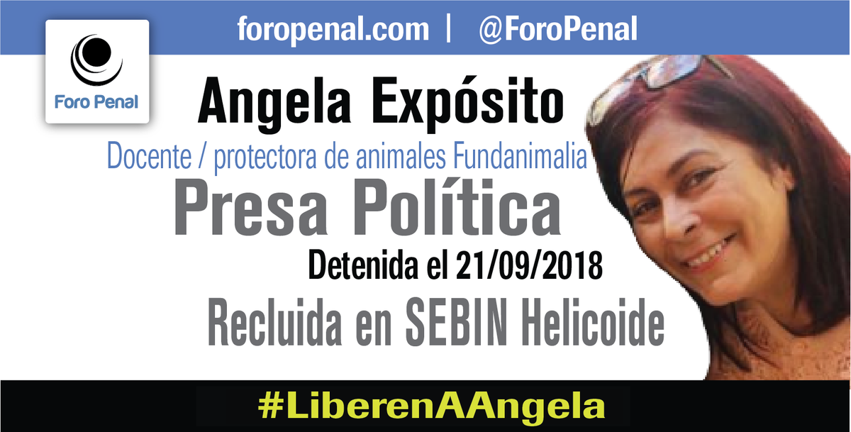 ForoPenal's tweet photo. Angela Expósito, privada de libertad con fines políticos desde el 21/09/2018. Angela es docente y antes de ser detenida era activista protectora de  animales.
Venezuela.
#LiberenAAngela
@KarimKhanQC https://t.co/GR6Wg2R7qH