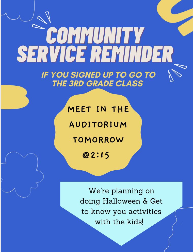Victor_DECA's tweet photo. 🚨Community Service event is tomorrow🚨
• Meet in the Auditorium @ 2:15 
⮕ All DECA members must complete at least 1 community service event https://t.co/ydXMtoD5ju