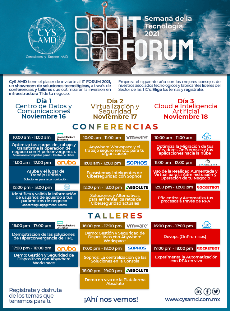CYS_AMD's tweet photo. Te presentamos el Calendario oficial de nuestro IT FORUM: Semana de la Tecnología 2021. Regístrate aquí: https://t.co/w9D9iRqsPI
Conoce a lo largo de tres días, las novedades en soluciones e infraestructura tecnológica.
#ITFORUM #Tecnologia #cysamd https://t.co/0J1hKml89m