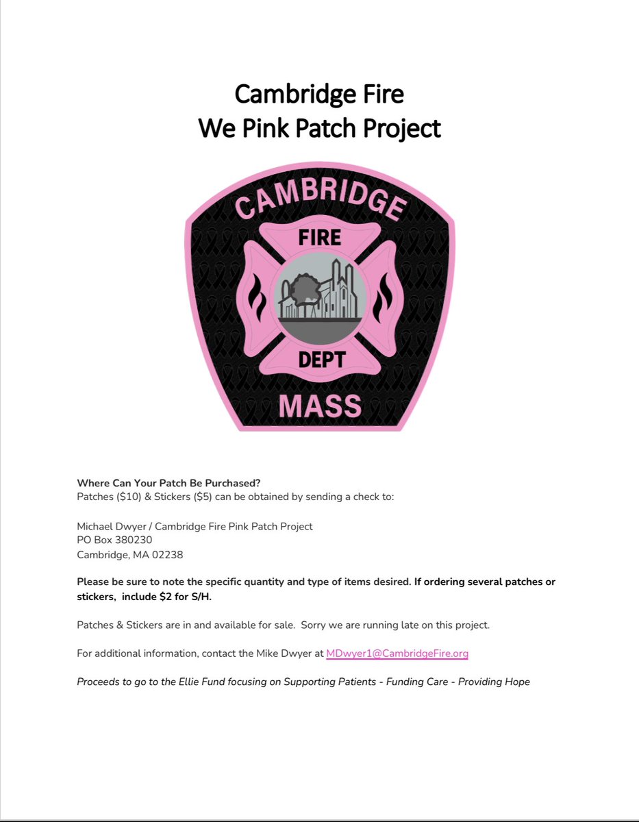 CFD_Local30's tweet photo. Donโt forget to get your Pink @CambridgeMAFire Patch. Info on the flyer below on how to obtain one. $10 for Patches & $5 for Stickers.
Check out @CambridgePolice & @cppoa1969 on how to get one of their Pink Patches as well.
#pinkpatchproject
#masspinkpatchproject https://t.co/Zs193JiNme
