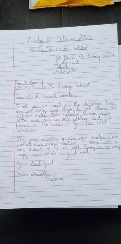 stdavidsparentc's tweet image. Some lovely letters have been received from the P7s ☺️
Glad to hear they love their hoodies. Thank you to all who support our fundraising events to make this possible.